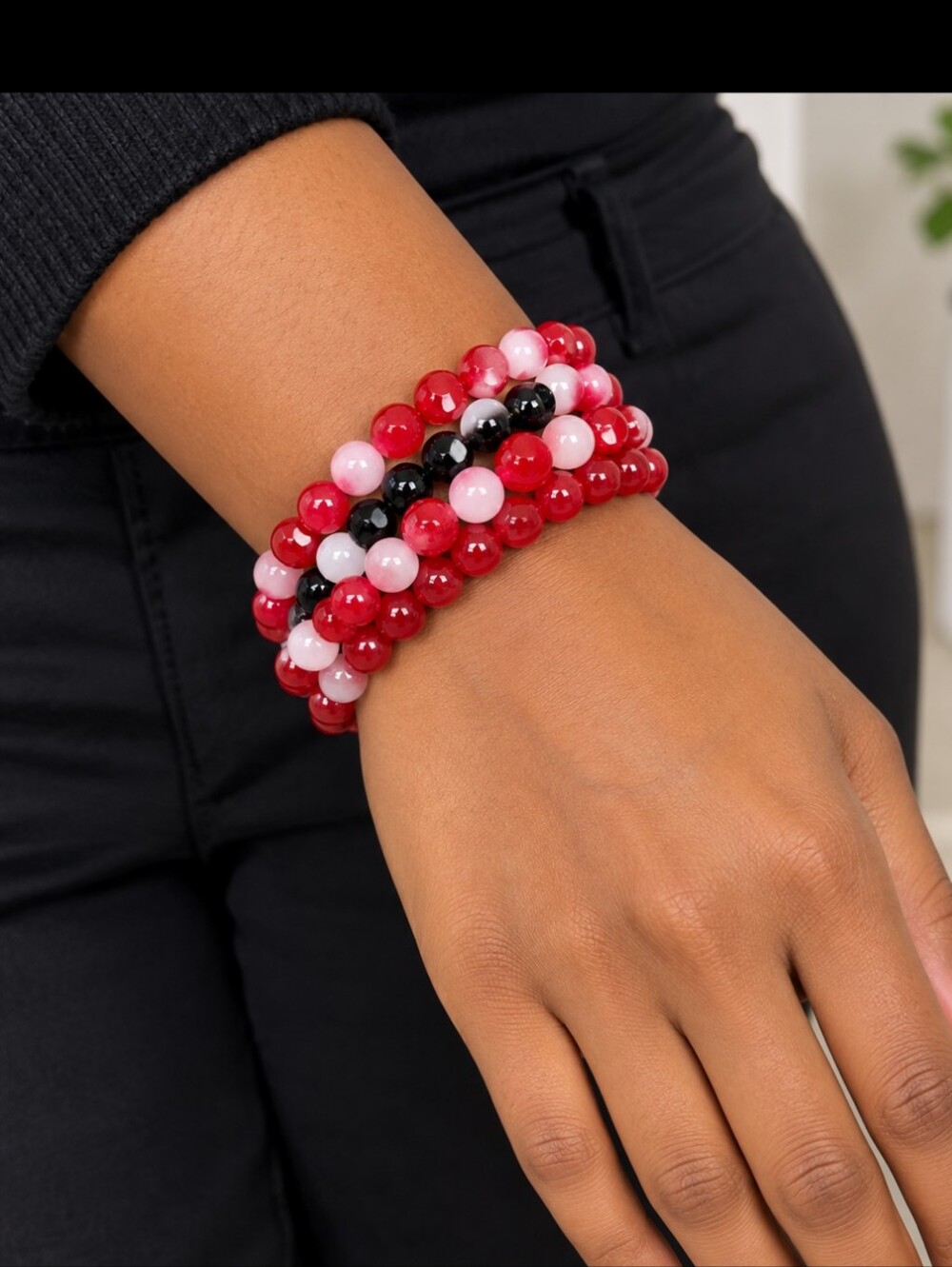 Red, Pink & Black Multi-Strand Beaded Stretch Bracelet
